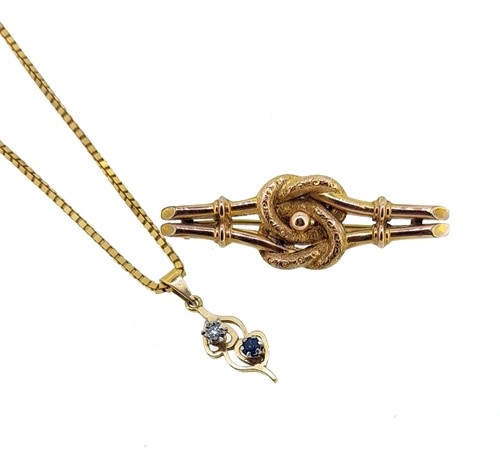 Lot 37 - An 18ct sapphire and diamond pendant and chain, together with a brooch