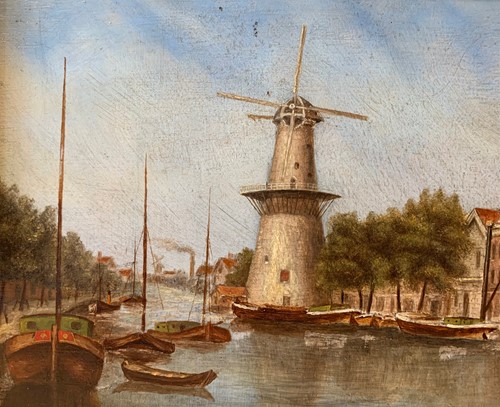 Lot 262 - Dutch canal scene with a watermill, circa 1900...