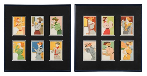 Lot 161 - Henri Meunier (1873-1922), group of six framed Art Nouveau female subject postcards