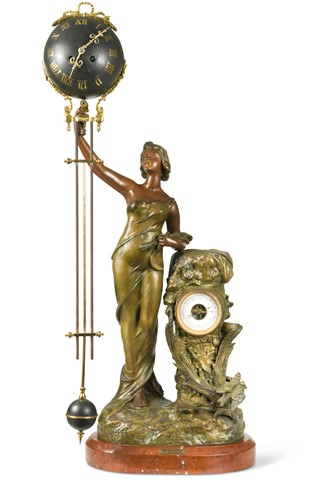 Lot 326 - An imposing French striking movement bronzed spelter swinging mystérieuse clock, circa 1900