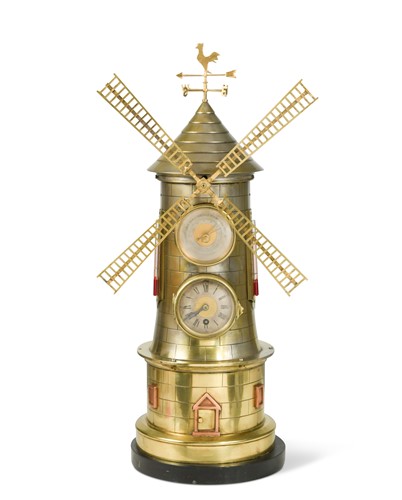 Lot 325 - Andre Romain Guilmet, a French brass automaton windmill clock, circa 1890