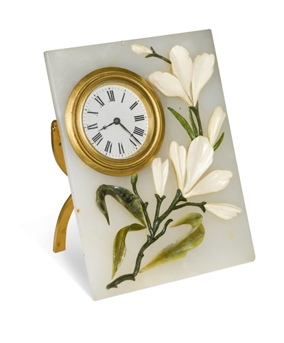 Lot 375 - A marble and pietra dura boudoir clock, early 20th century