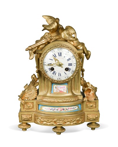 Lot 299 - A French ormolu and porcelain panel mantel clock, 19th century
