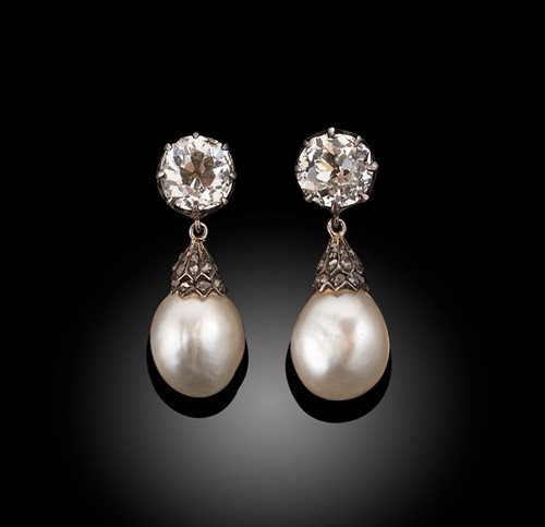 Lot 248 - A pair of natural pearl and diamond ear pendants