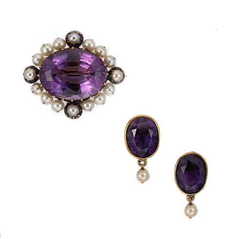 Lot 61 - An amethyst and split pearl brooch, together with a pair of ear pendants