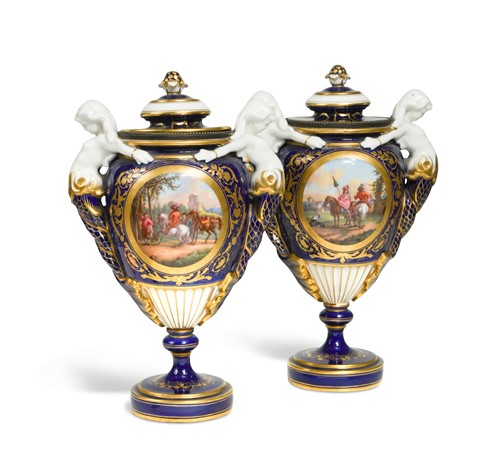 Lot 289 - A pair of Sevres style gilt metal mounted two-handled vases and covers, circa 1860
