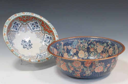 Lot 29 - A large metal bowl styled as paper mache,...