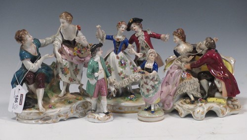 Lot 186 - Three Sitzendorf figure groups of courting...