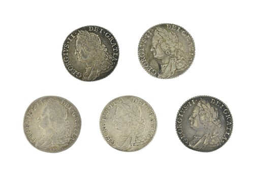 Lot 146 - Five George II shillings: 1745, Lima; 1747,...