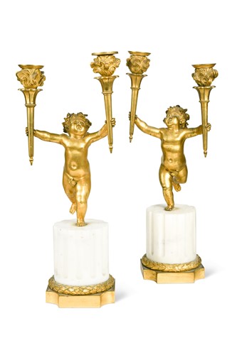 Lot 305 - A pair of gilt bronze and white marble mounted twin light candelabra, 19th century