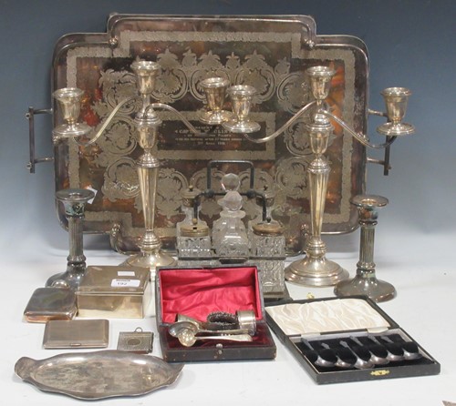 Lot 192 - Silver plated tray dated 1916, pair Alvin...