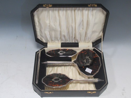 Lot 202 - Tortoiseshell backed silver 4 piece dressing...