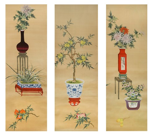 Lot 277 - A pair of Chinese hand-painted on silk scenic wallpaper panel sets, mid-20th century