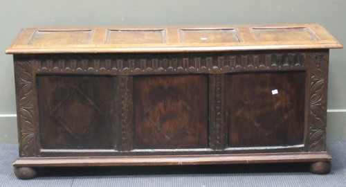 Lot 378 - Oak three panelled coffer, 60 x 145 x 53cm