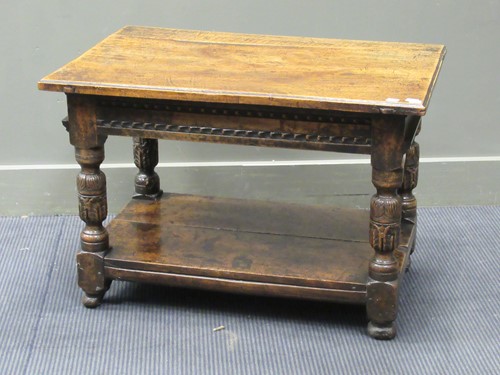 Lot 396 - A rectangular inlaid oak two-tier table with...