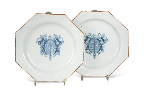 Lot 124 - A pair of Delft armorial octagonal plates, possibly Liverpool, circa 1730