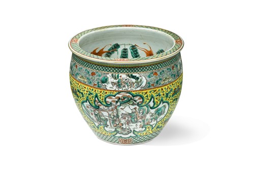 Lot 49 - A Chinese famille verte porcelain fish bowl, late Qing Dynasty, circa 1900