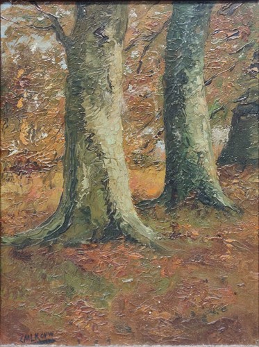 Lot 213 - 20th century school, Tree trunks in a woodland,...
