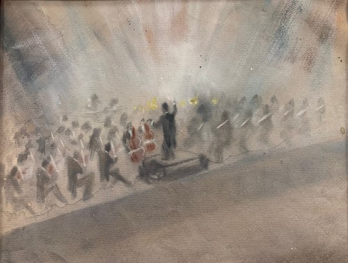 Lot 258 - Concert scene, watercolour; Tree trunks in a...