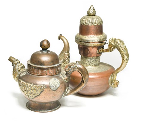 Lot 158 - A Tibetan copper and brass mounted butter teapot, 19th century