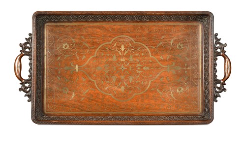 Lot 270 - An Indian hardwood and brass inlaid tray, circa 1900