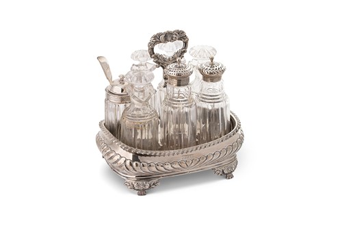 Lot 480 - A George IV silver table cruet set and stand