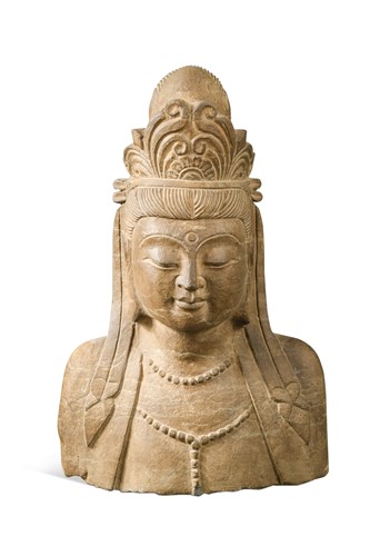 Lot 78 - A Chinese carved limestone bust of Avalokitesvara in Sui style