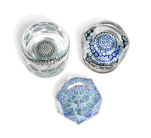 Lot 33 - A group of three Whitefriars faceted millefiori paperweights
