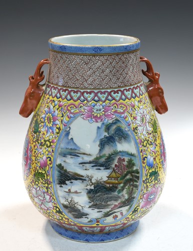 Lot 12 - A Chinese porcelain landscape vase in Qianlong style, possibly Republic or later