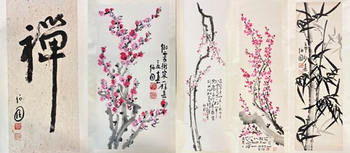 Lot 98 - Five Chinese calligraphy pictorial scrolls, late 20th century