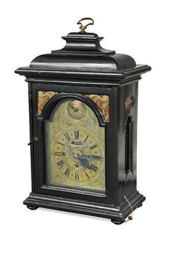 Lot 283 - returned. An ebonised quarter striking bracket clock with alarm, 18th century