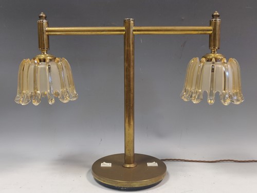Lot 362 - A brass desk lamp with glass shades, 40cm high...
