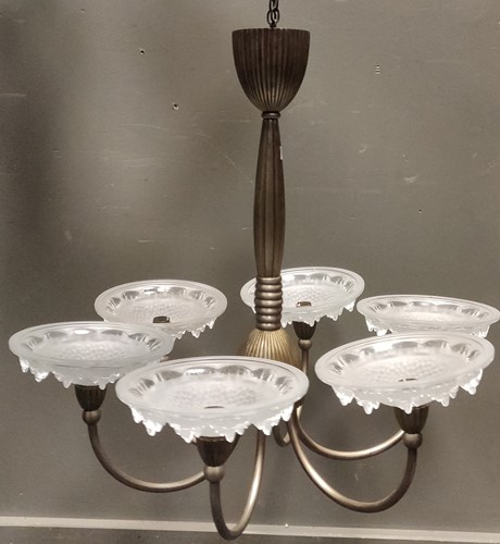 Lot 388 - An Art Deco style glass and nickel six arm...