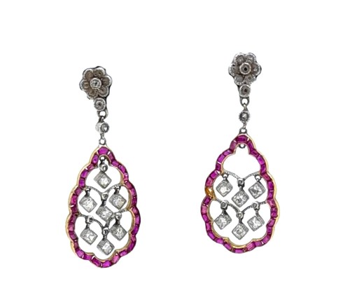 Lot 161 - A pair of ruby and diamond ear pendants