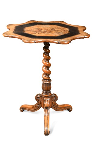 Lot 320 - An olive wood Sorrento-ware tripod table, 19th century