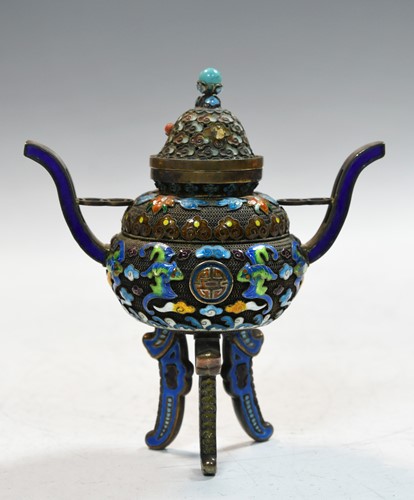 Lot 68 - A Chinese silver and enamel small censer and cover, circa 1900