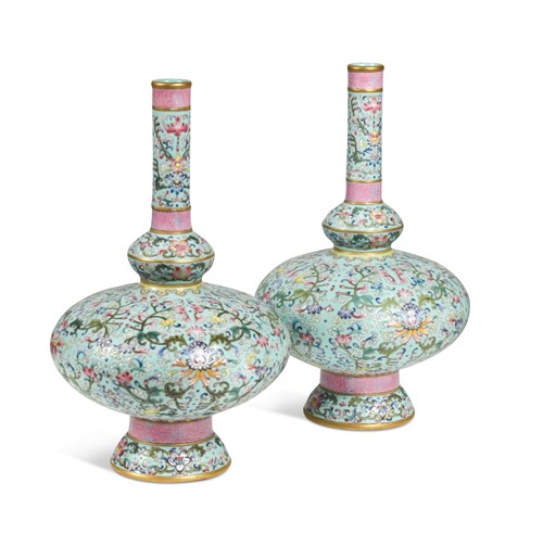 Lot 30 - A pair of Chinese porcelain pedestal vases, Qianlong seal marks but Republic