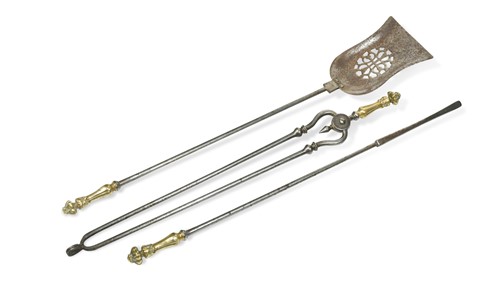Lot 419 - A set of three polished steel and brass fire irons, circa 1820