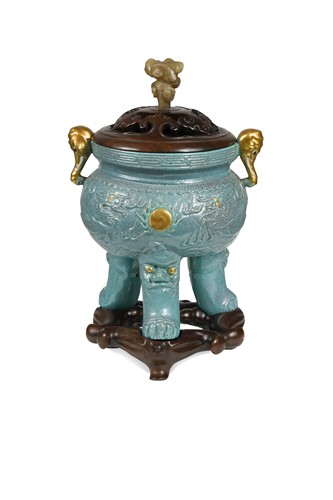 Lot 14 - A Chinese robin's egg glazed tripod censer, 18th/19th century