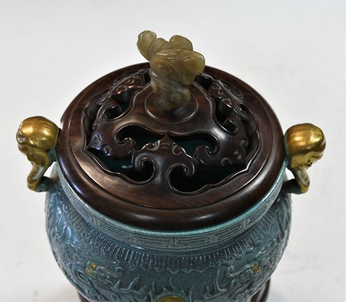 Lot 14 - A Chinese robin's egg glazed tripod censer, 18th/19th century
