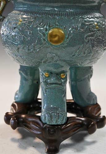 Lot 14 - A Chinese robin's egg glazed tripod censer, 18th/19th century