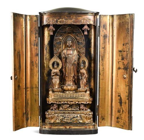 Lot 118 - A Japanese Kshitigarbha Bodhisattva Jizo Bosatsu Triad in Zushi shrine, late Meiji Period