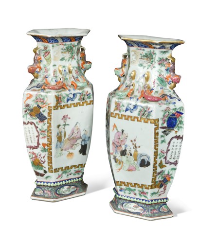 Lot 28 - A pair of Chinese famille rose porcelain hexagonal vases