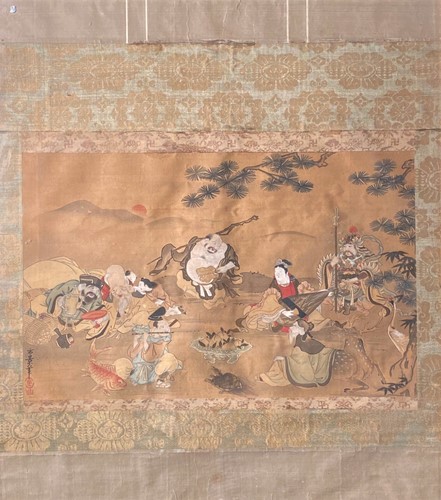 Lot 121 - A Japanese painting on silk depicting the seven gods of good fortune