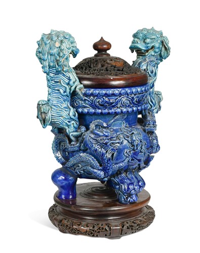 Lot 17 - A Chinese blue-glazed Fahua two-handled censer, probably late Ming Dynasty, 16th century