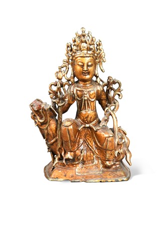 Lot 54 - A Chinese gold lacquered bronze figure of a deity, late Ming Dynasty