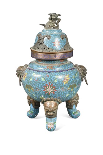 Lot 82 - A Chinese cloisonné tripod censer and cover, late Qing Dynasty