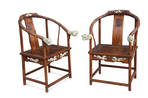 Lot 102 - A pair of jadeite inlaid horseshoe back chairs in Ming style, Republic Period