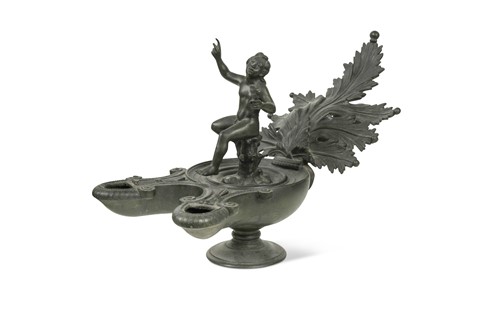 Lot 413 - A large Grand Tour bronze oil lamp, 19th century