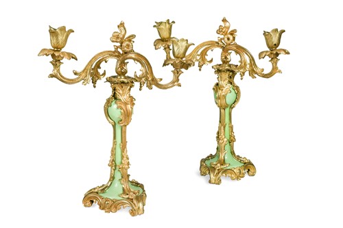 Lot 296 - A pair of French style gilt metal and porcelain twin-branch candelabra